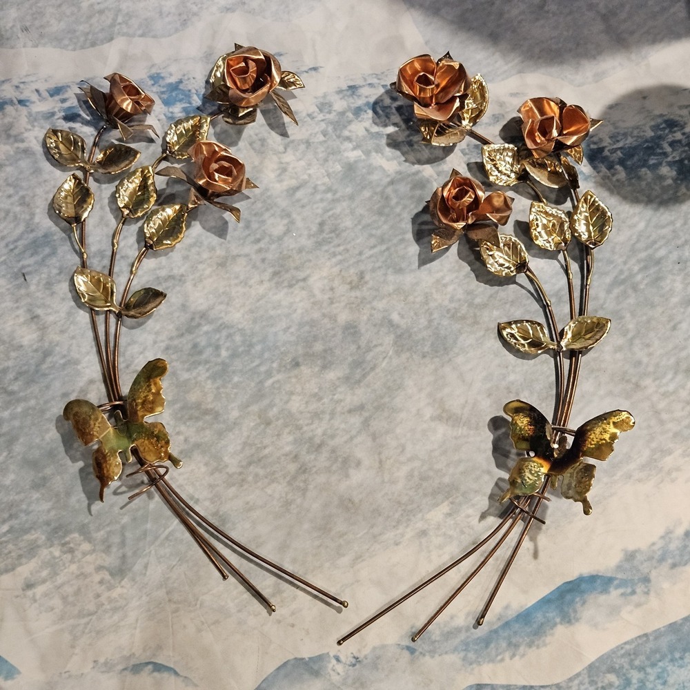 Vintage Metal Rose Wall Decor‎ Gold Copper Butterflies Floral Hanging 20"